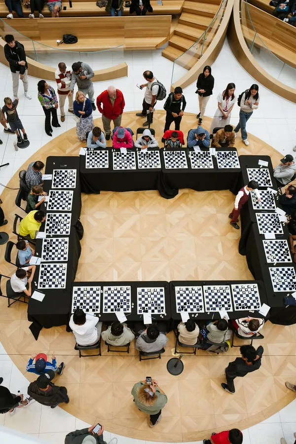 Overhead view of the twenty-board simultaneous exhibition at Oakridge Park